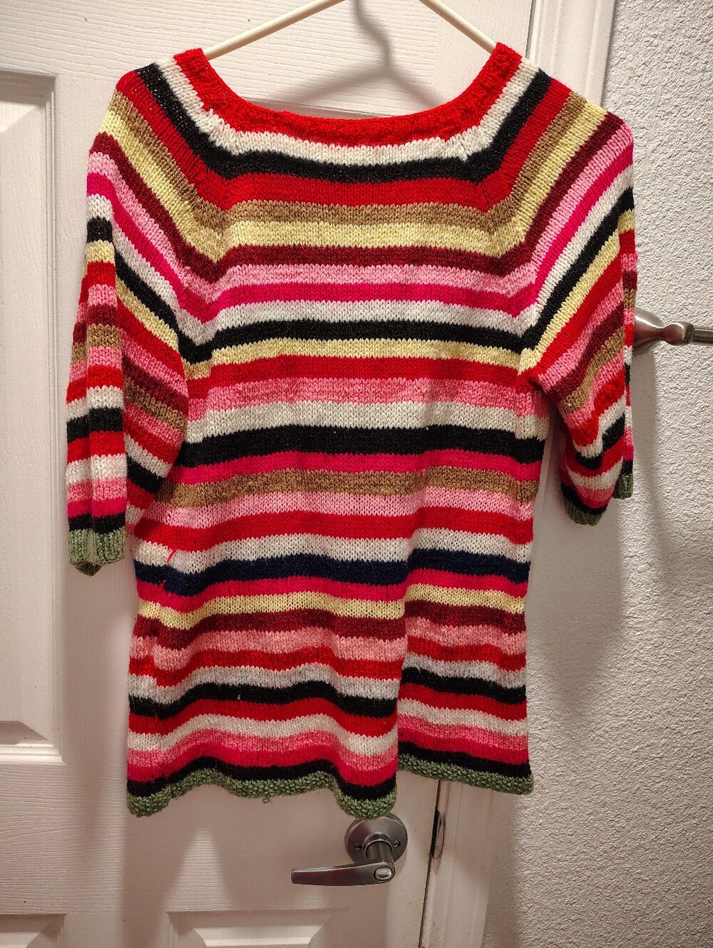 Striped Short-Sleeve Knit Sweater in Pink, Red & Multi